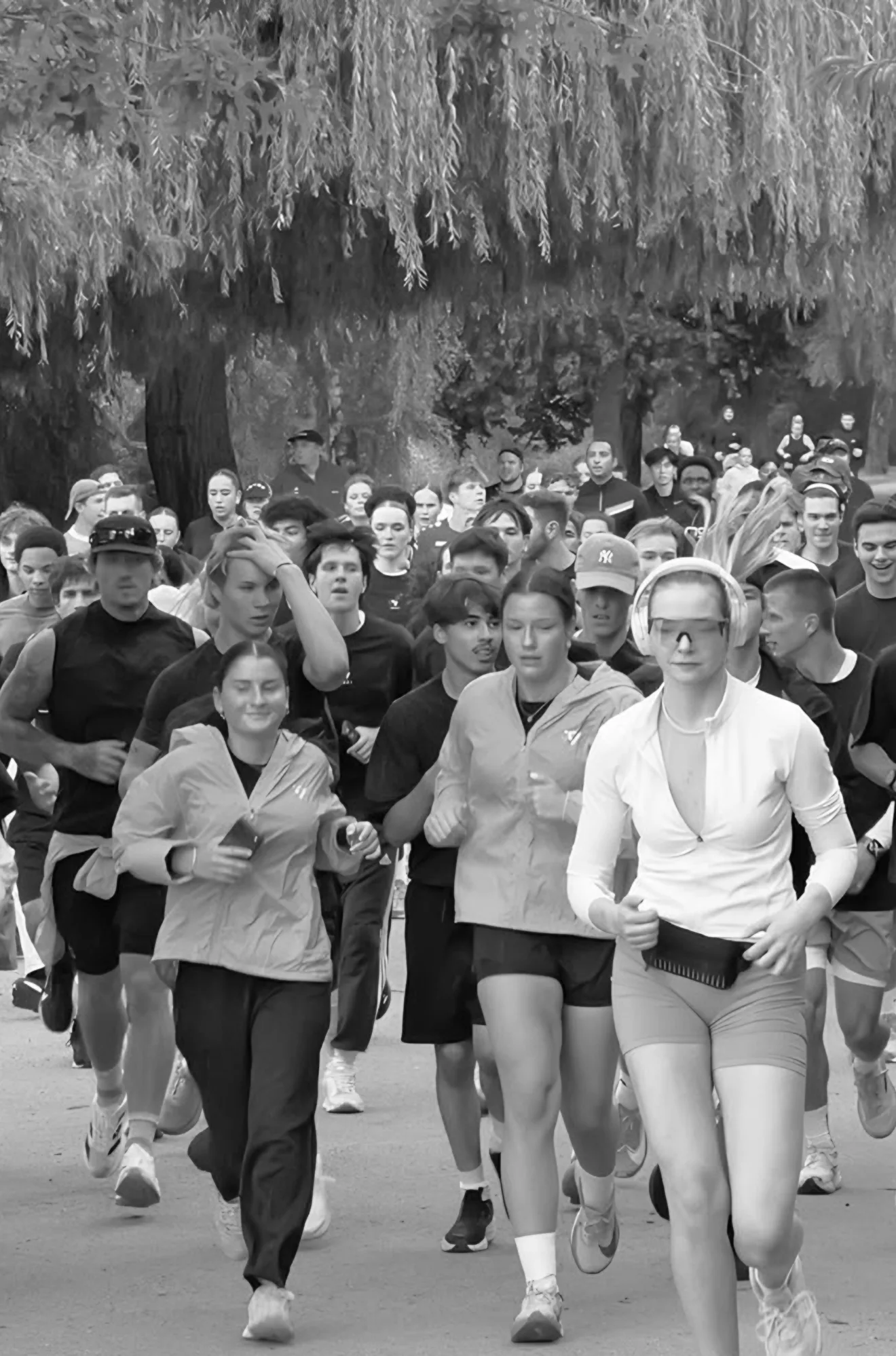 Viele Läuferinnen und Läufer von Move As One laufen gemeinsam durch einen Park